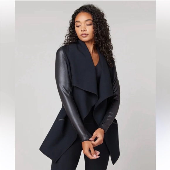 SPANX Black Leather Drape Front Jacket - Picture 2 of 8